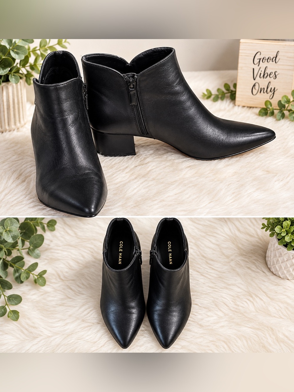 Cole Haan Elyse Black Leather Asymmetrical V-Notch Ankle Booties Heel Size 11